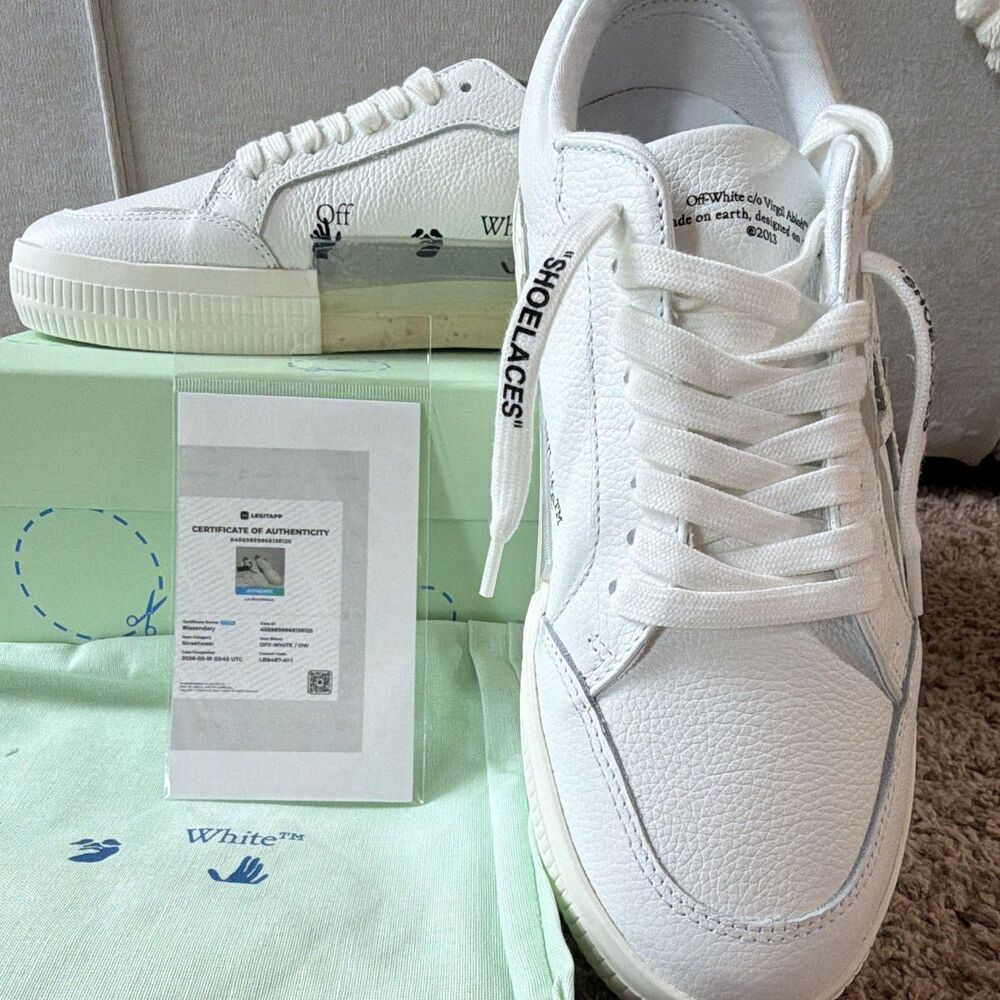 ⁠NIB Off-White Low Vulcanized White Leather Sneakers EU 41 US 8 Entrupy Cert